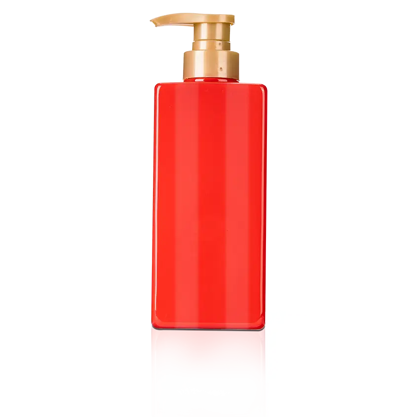 13oz 400ml Red PET Plastic Flat Square Bottle with Gold Pump
